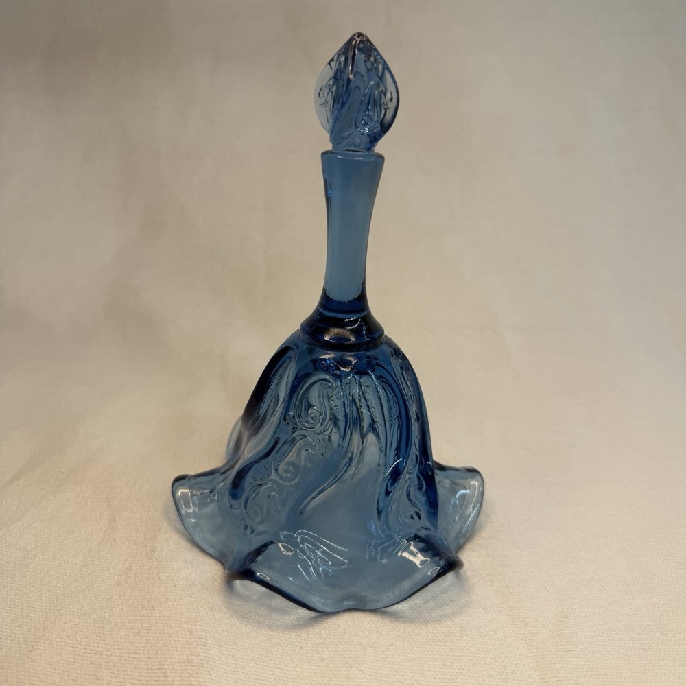 Vintage Fenton Twilight Blue Glass Bell Paisley Swirl Ruffled Trim